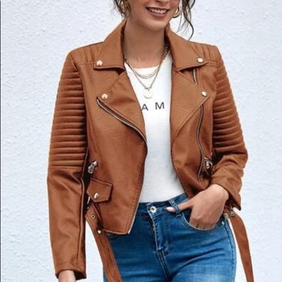 Camel vegan leather zipper biker moto motorcycle jacket - Picture 4 of 5